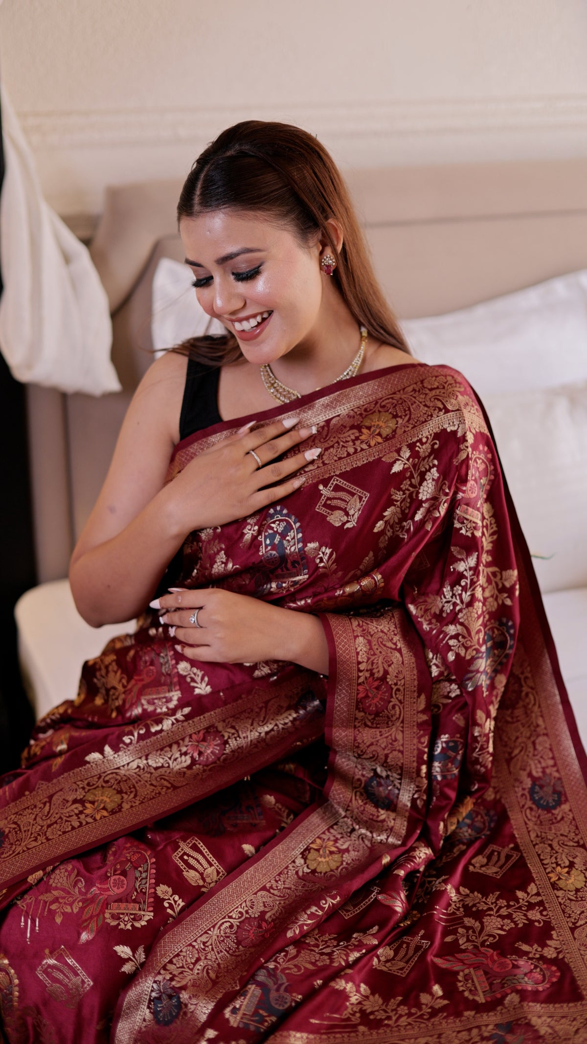 Wine Banarasi Silk Peacock Jaal
