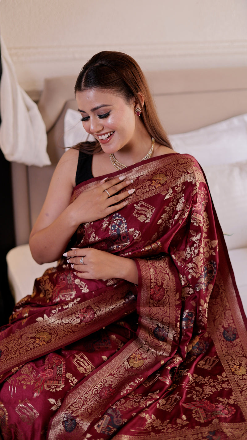 Wine Banarasi Silk Peacock Jaal