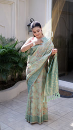 Pista Green Linen Saree Zari Jaal Work