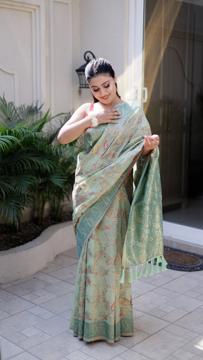 Pista Green Linen Saree Zari Jaal Work