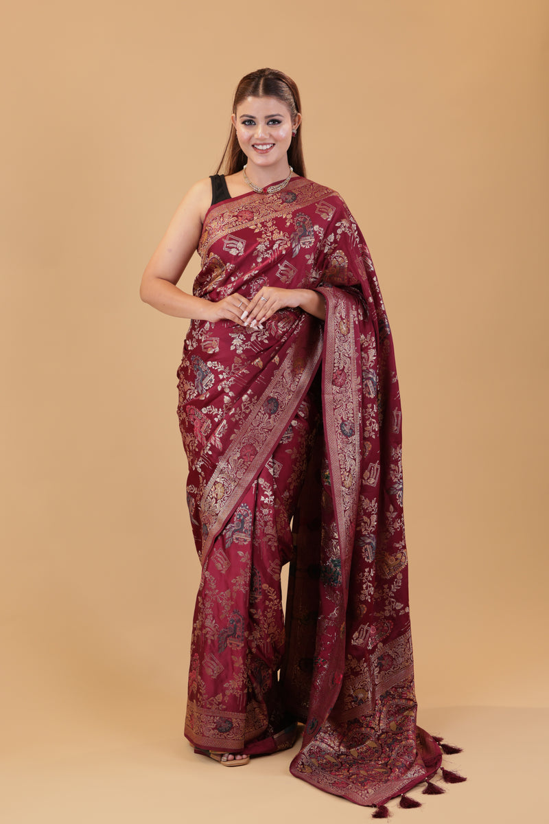 Wine Banarasi Silk Peacock Jaal