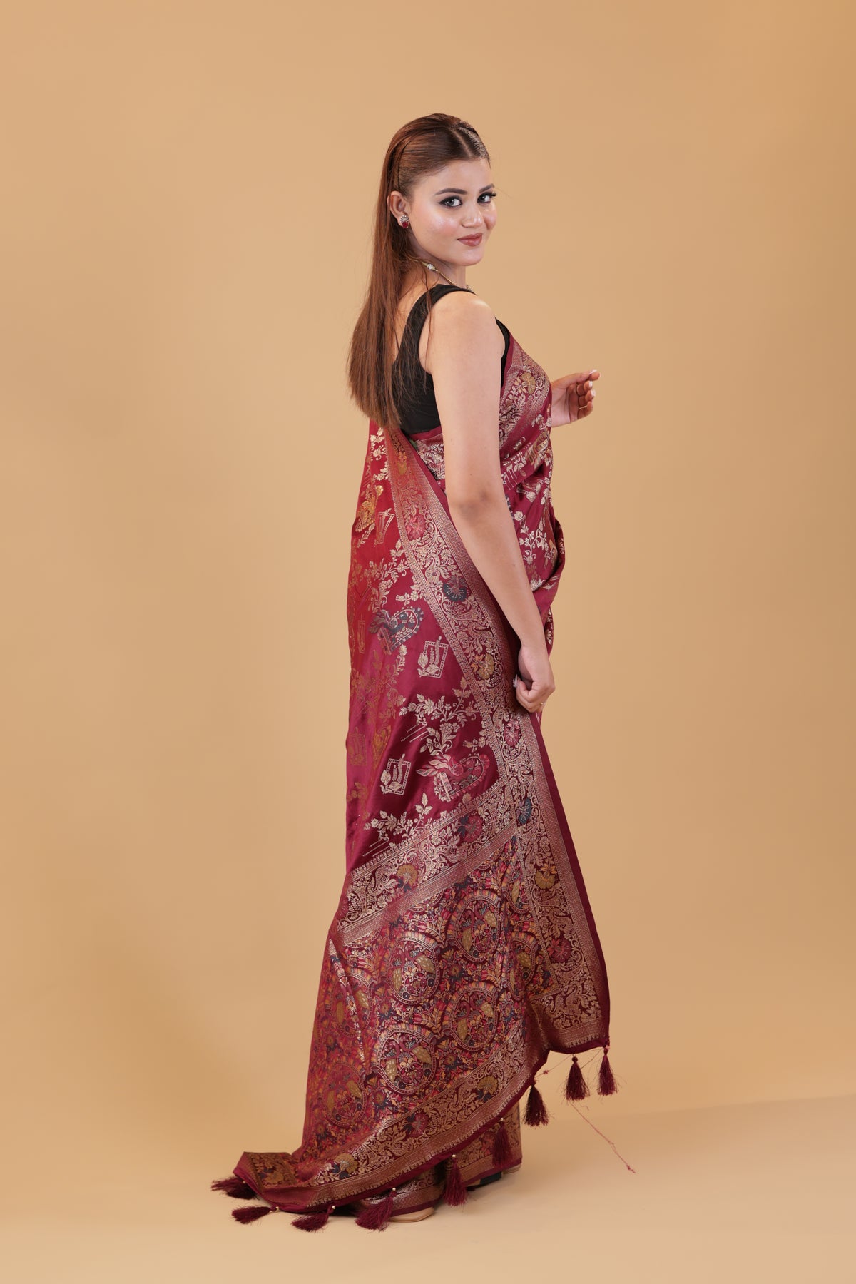 Wine Banarasi Silk Peacock Jaal