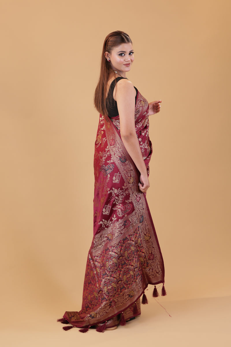 Wine Banarasi Silk Peacock Jaal