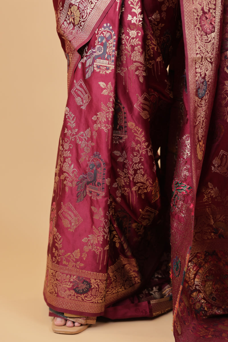 Wine Banarasi Silk Peacock Jaal