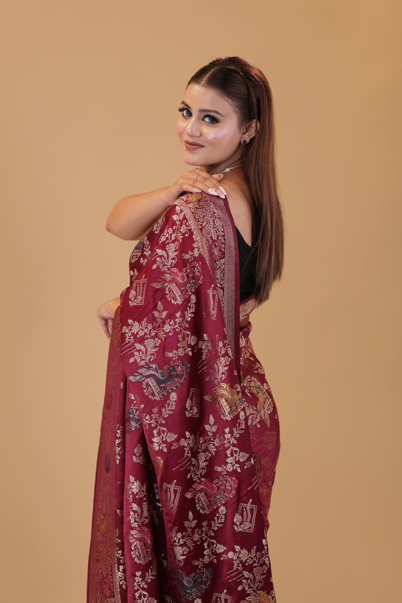 Wine Banarasi Silk Peacock Jaal