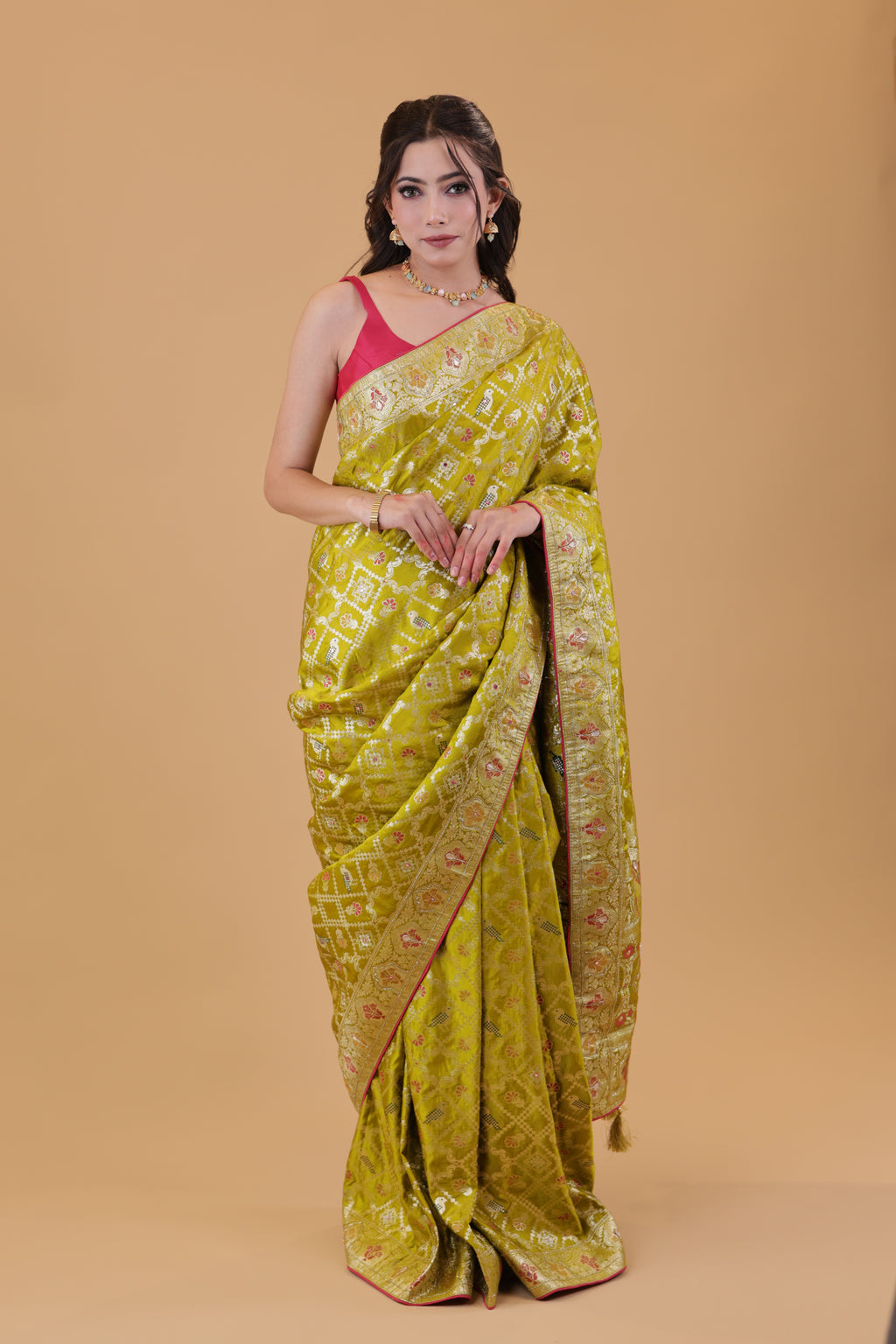 Parrot Green Bandhani Silk Saree