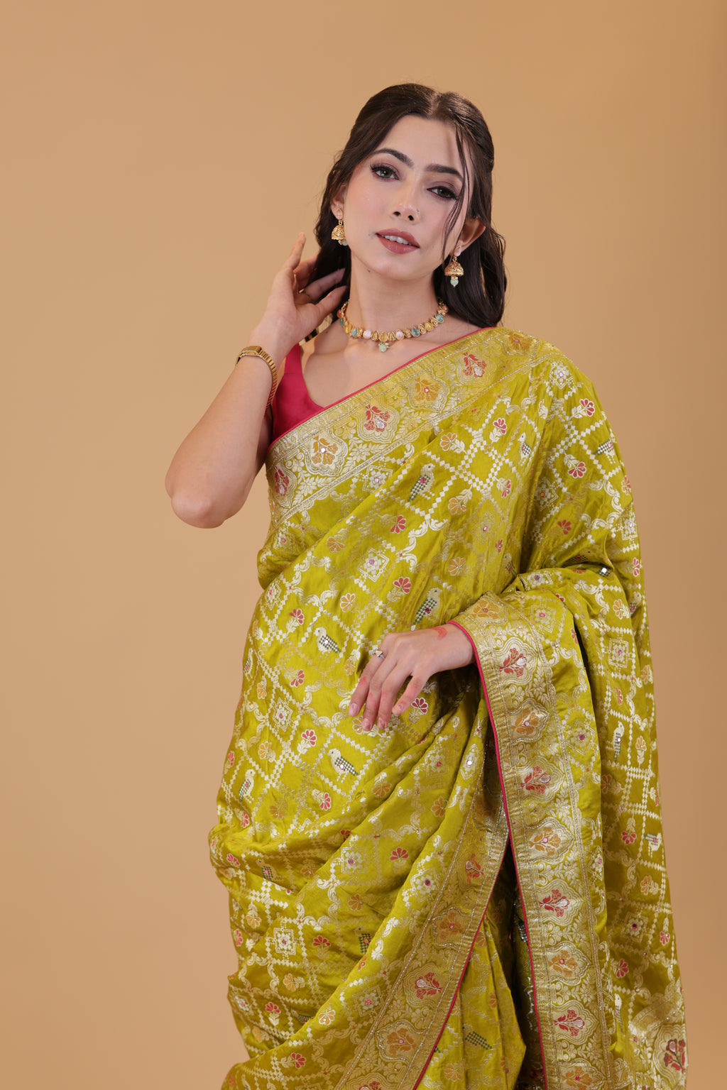 Parrot Green Bandhani Silk Saree