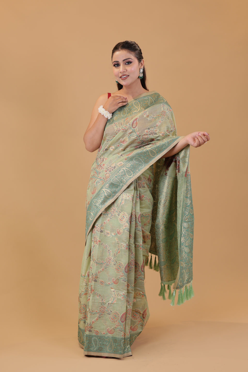 Pista Green Linen Saree Zari Jaal Work
