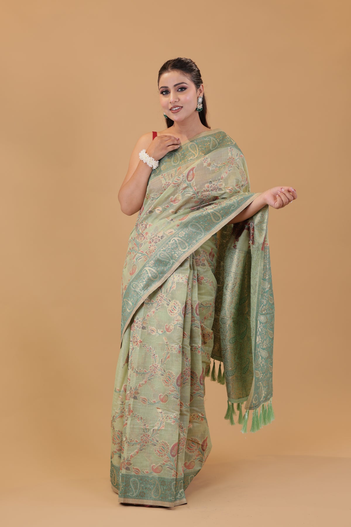 Pista Green Linen Saree Zari Jaal Work