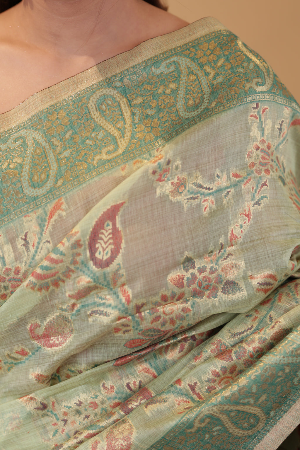 Pista Green Linen Saree Zari Jaal Work