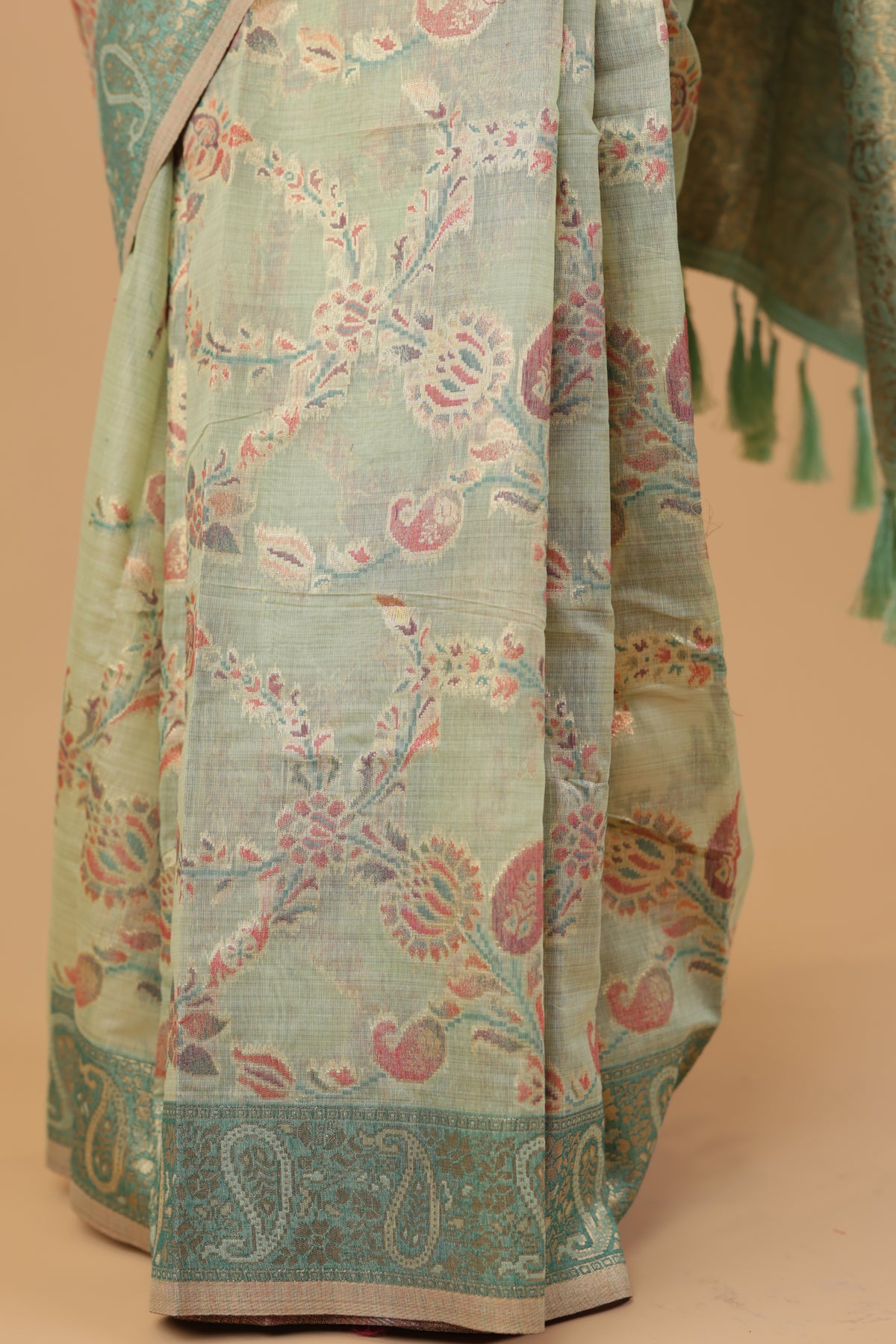 Pista Green Linen Saree Zari Jaal Work