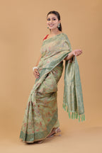 Pista Green Linen Saree Zari Jaal Work