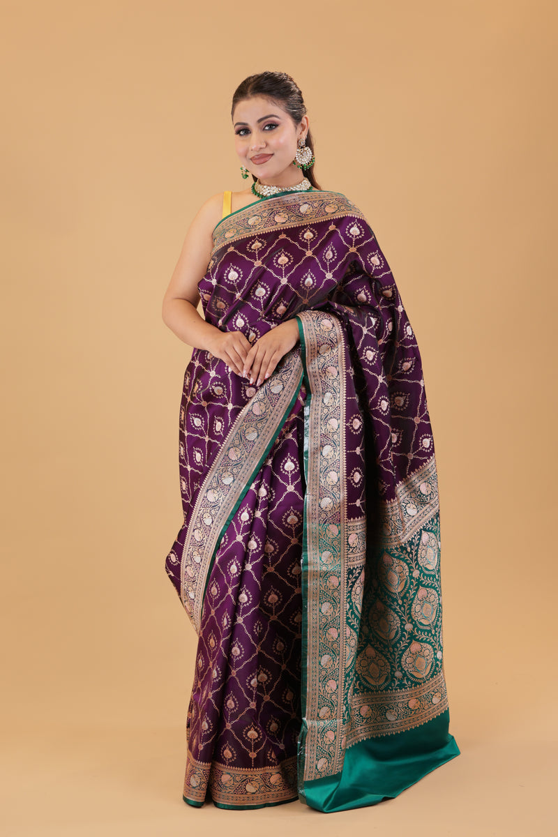Purple-Green Contrast Silk Saree