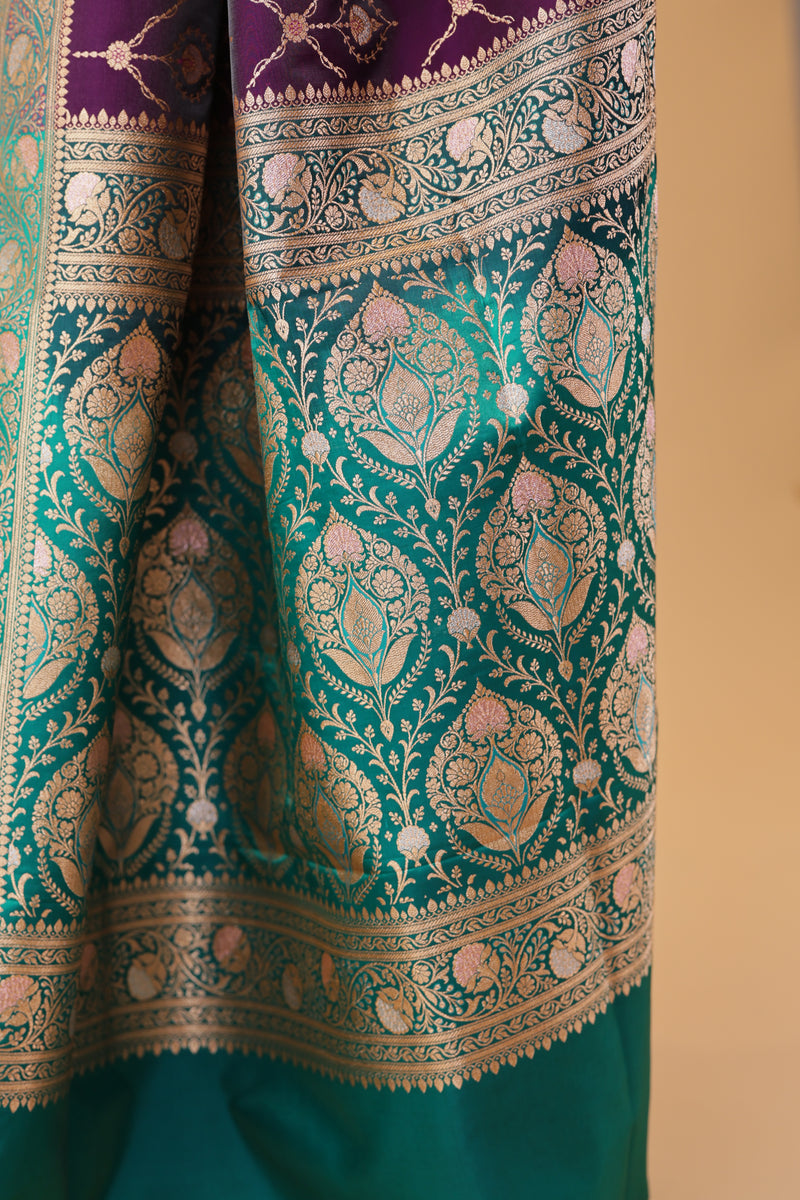 Purple-Green Contrast Silk Saree