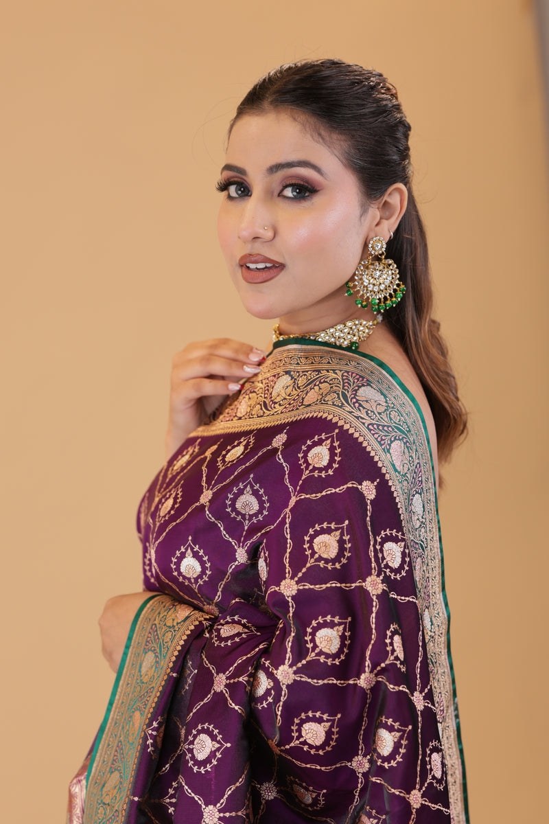Purple-Green Contrast Silk Saree