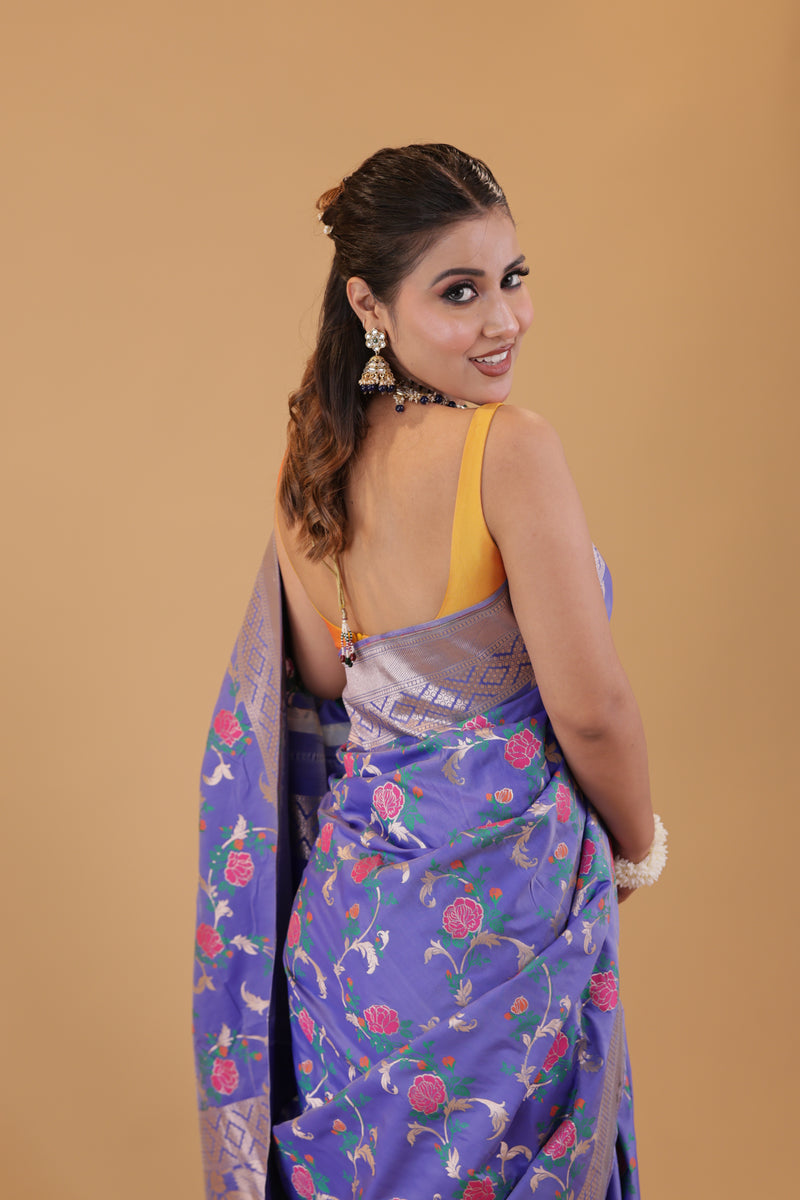 Lavender  Floral Jaal Katan Silk