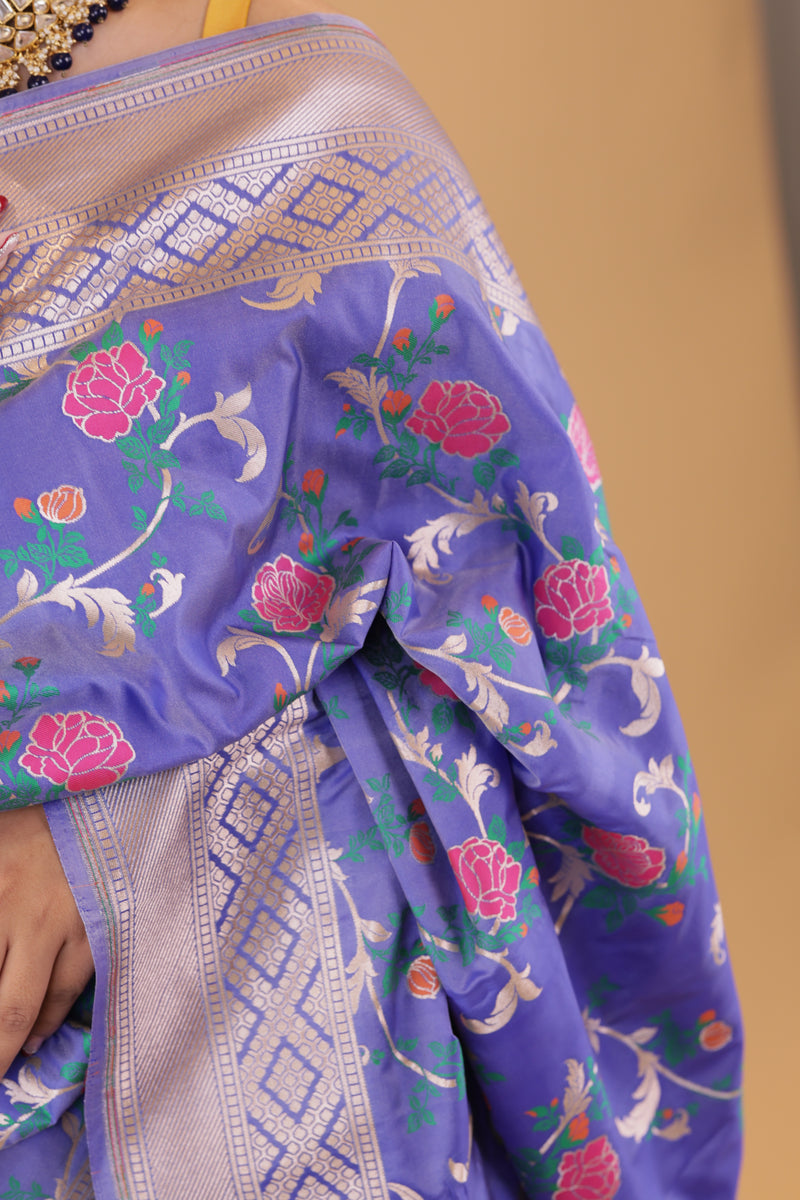 Lavender  Floral Jaal Katan Silk