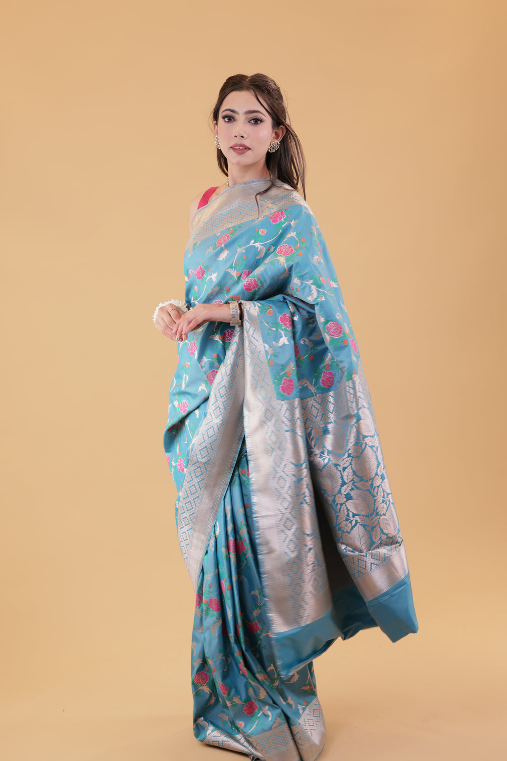 Turquoise Floral Jaal Katan Silk