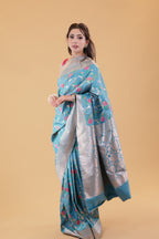 Turquoise Floral Jaal Katan Silk
