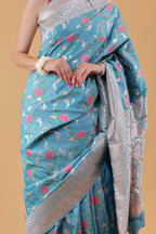 Turquoise Floral Jaal Katan Silk