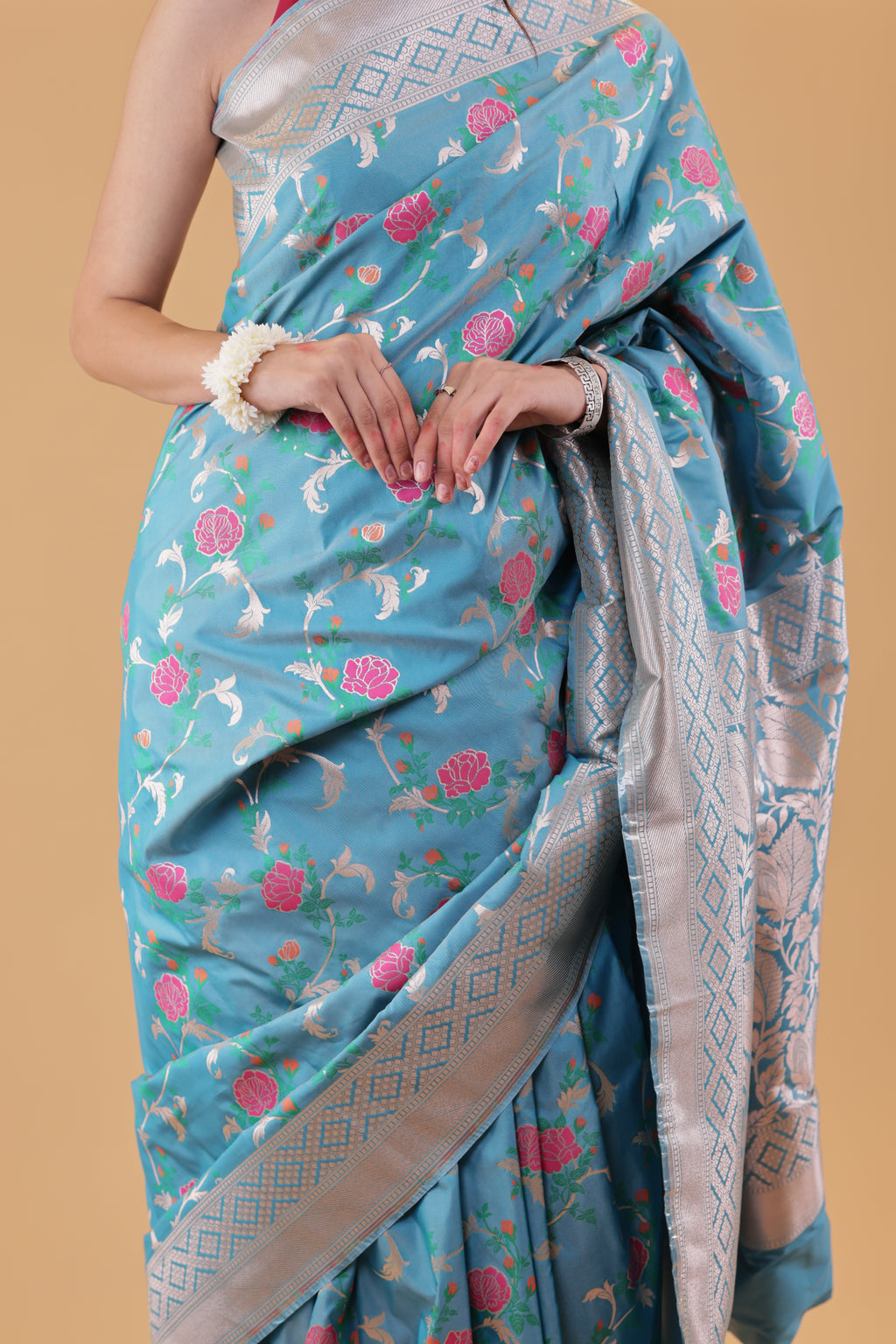 Turquoise Floral Jaal Katan Silk