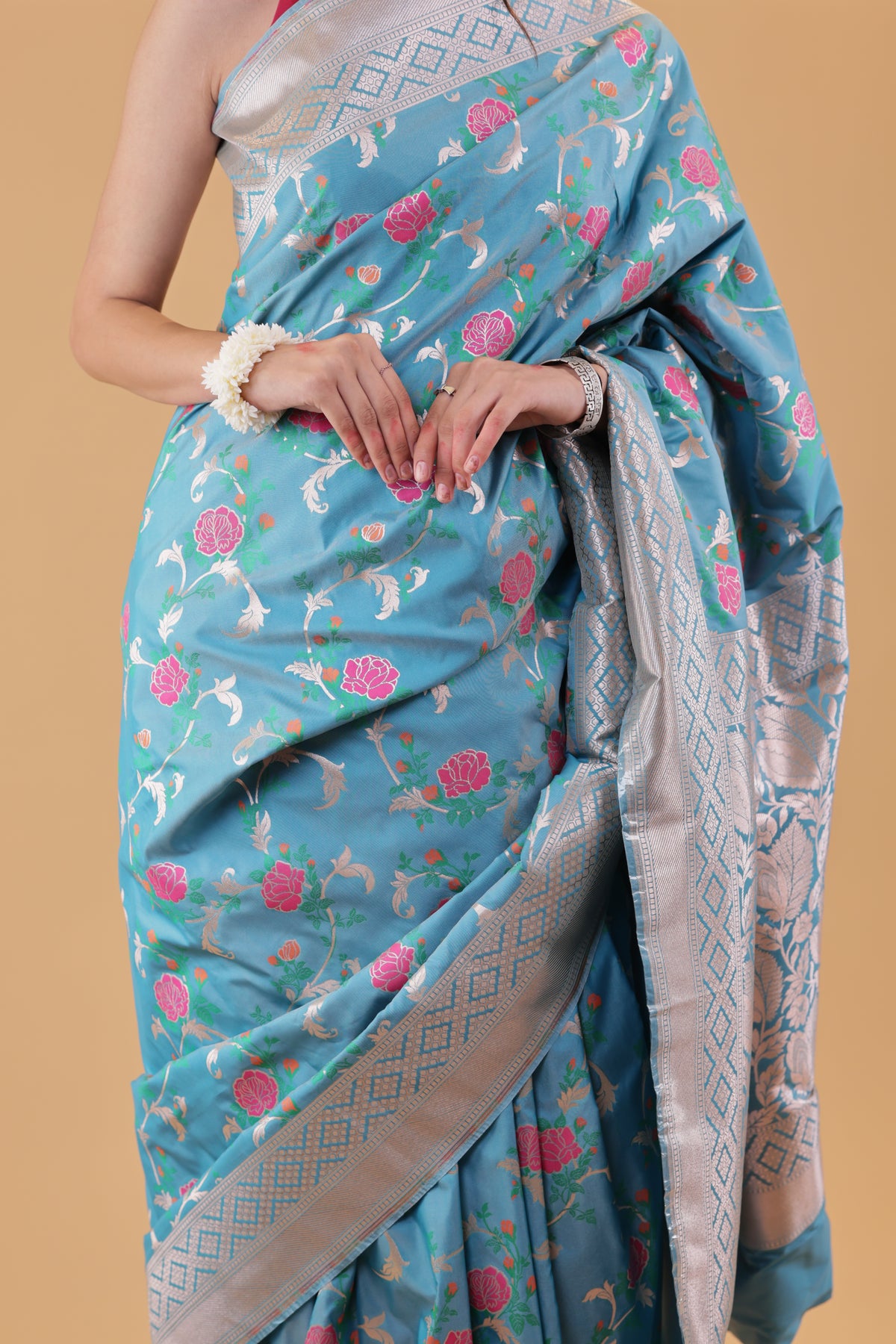 Turquoise Floral Jaal Katan Silk