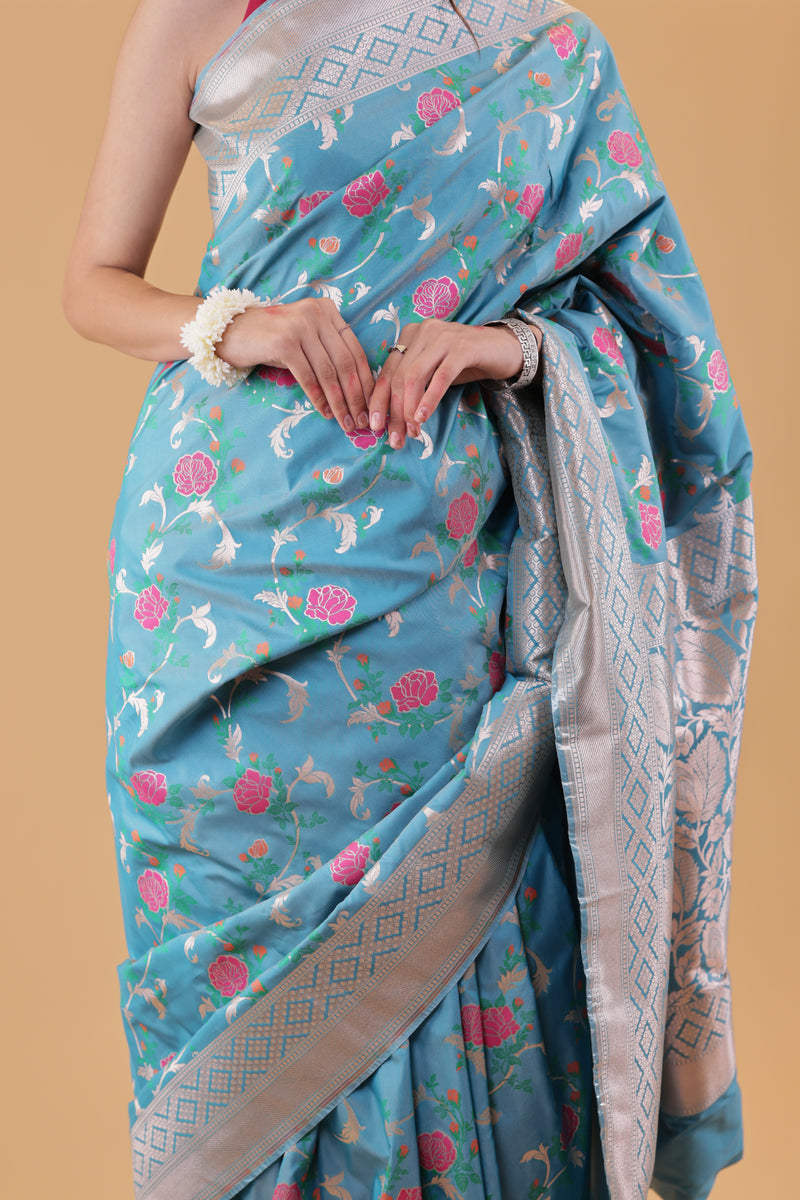 Turquoise Floral Jaal Katan Silk