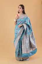 Turquoise Floral Jaal Katan Silk