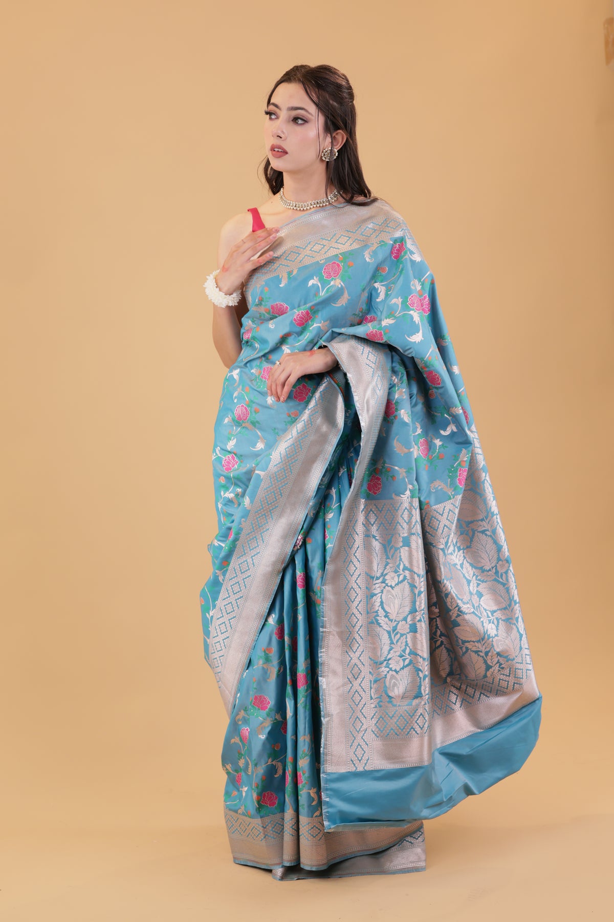 Turquoise Floral Jaal Katan Silk