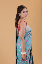 Turquoise Floral Jaal Katan Silk