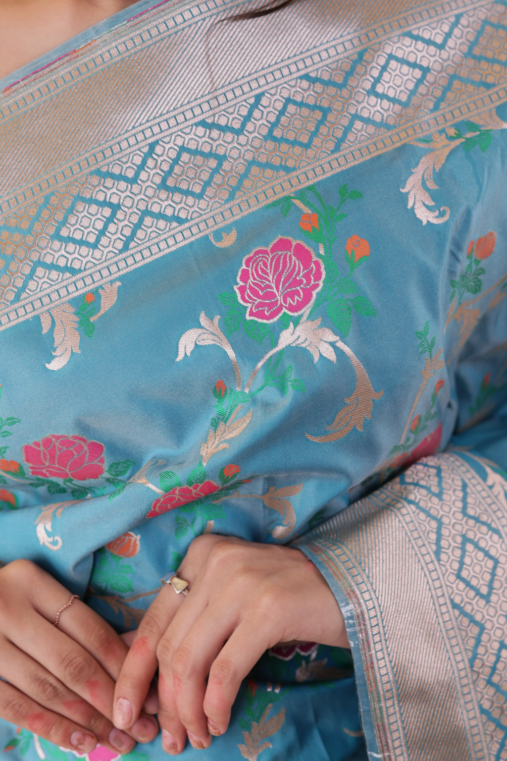 Turquoise Floral Jaal Katan Silk
