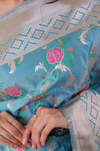 Turquoise Floral Jaal Katan Silk