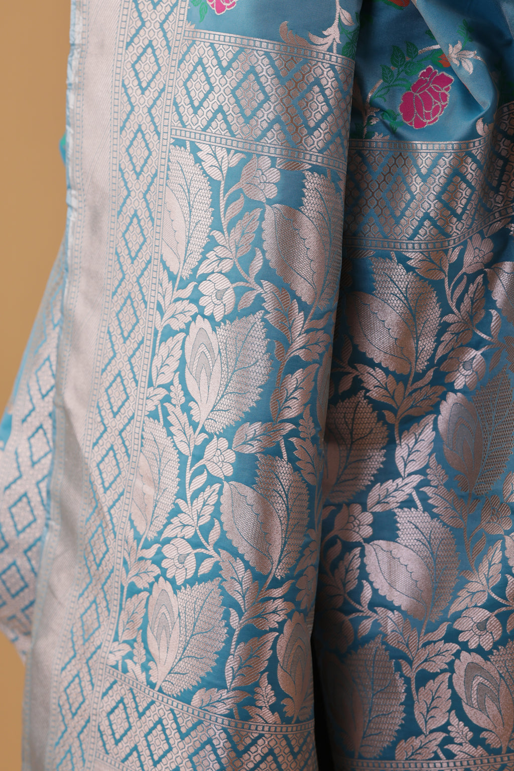 Turquoise Floral Jaal Katan Silk
