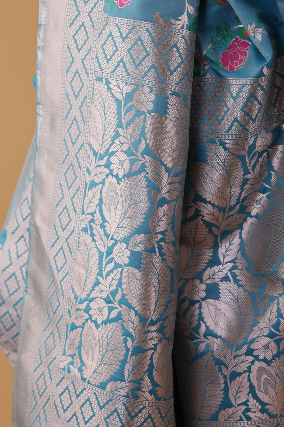 Turquoise Floral Jaal Katan Silk