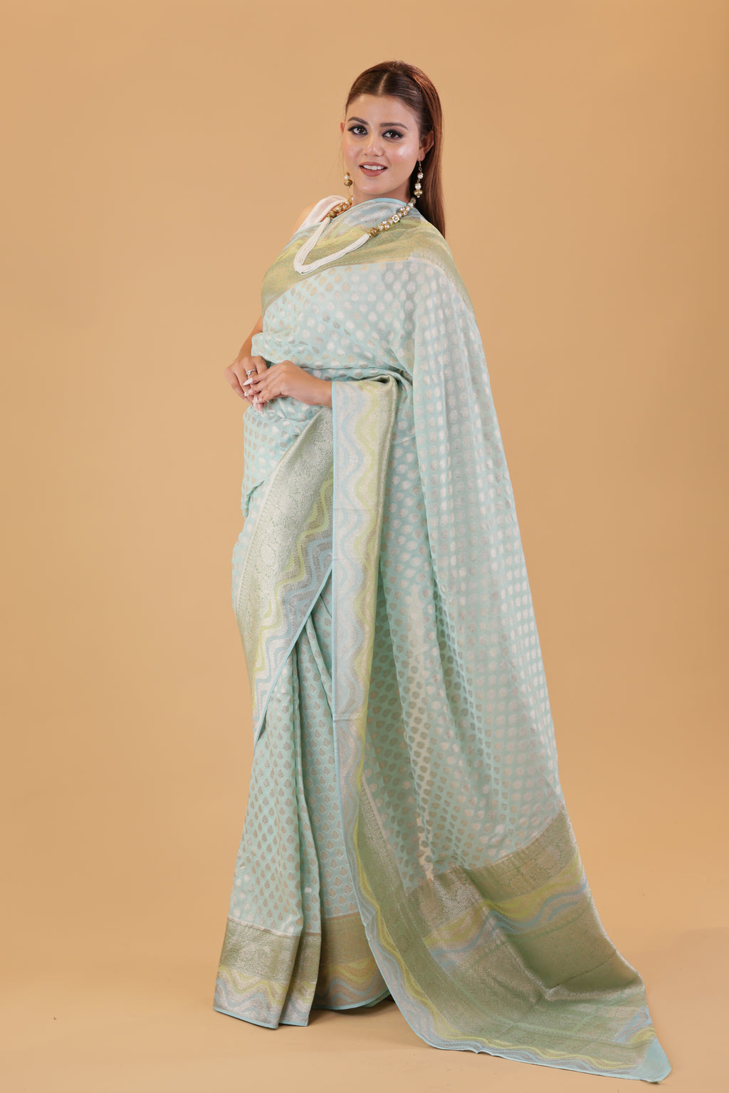 Aqua Blue Georgette Saree Hand-Brush
