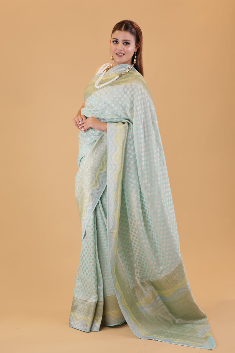 Aqua Blue Georgette Saree Hand-Brush