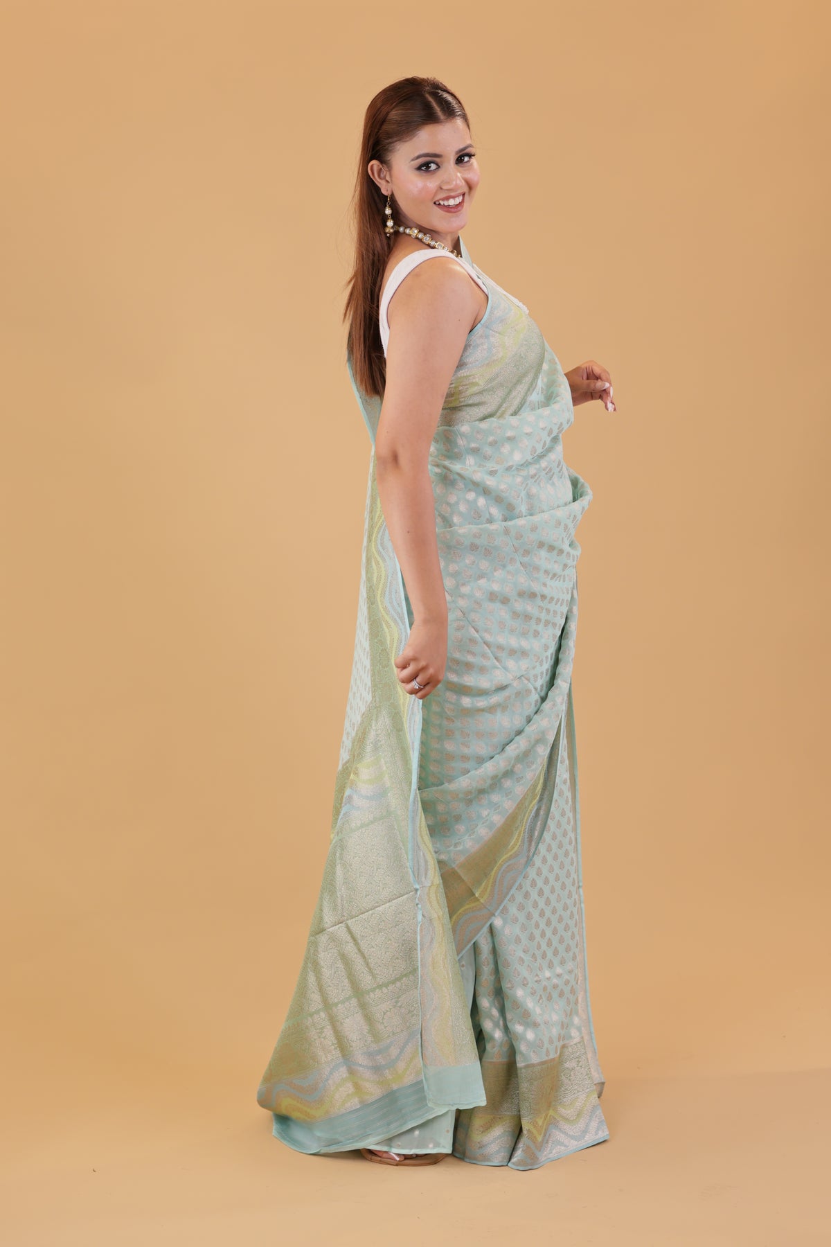 Aqua Blue Georgette Saree Hand-Brush