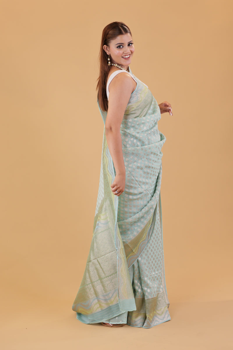 Aqua Blue Georgette Saree Hand-Brush