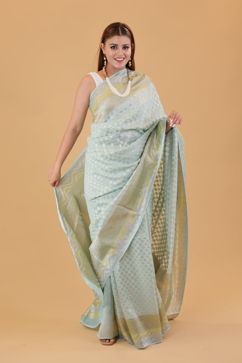 Aqua Blue Georgette Saree Hand-Brush