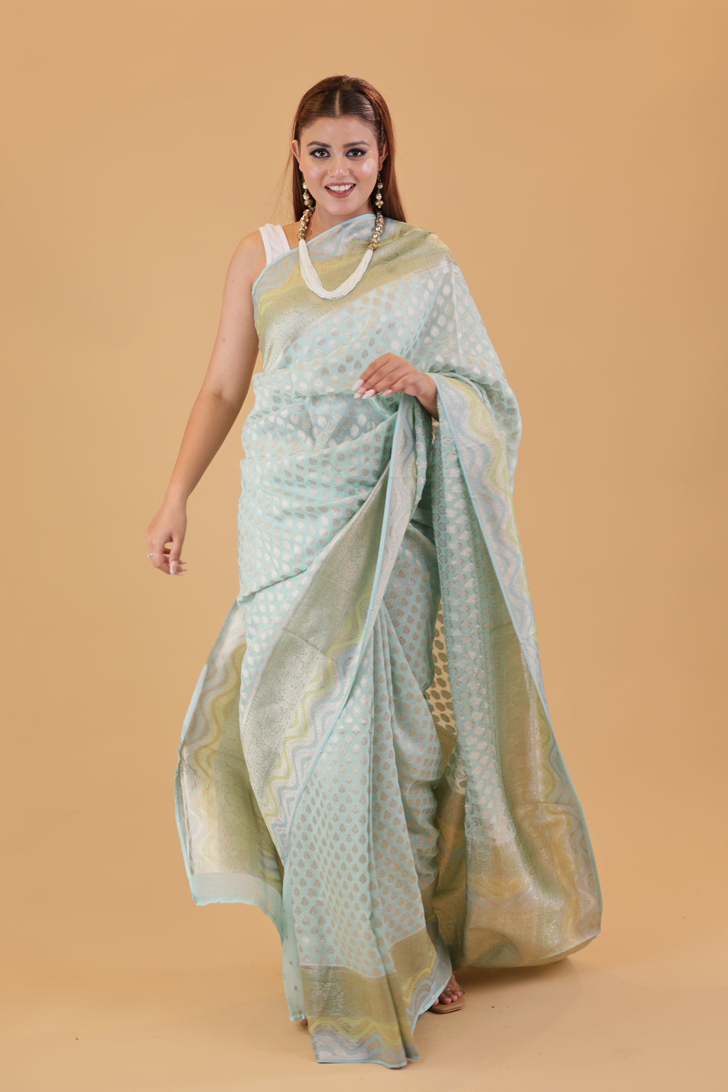 Aqua Blue Georgette Saree Hand-Brush