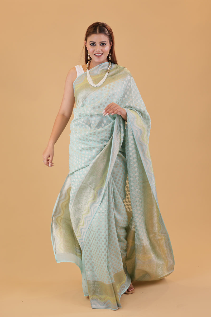 Aqua Blue Georgette Saree Hand-Brush
