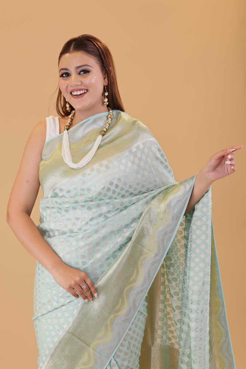 Aqua Blue Georgette Saree Hand-Brush