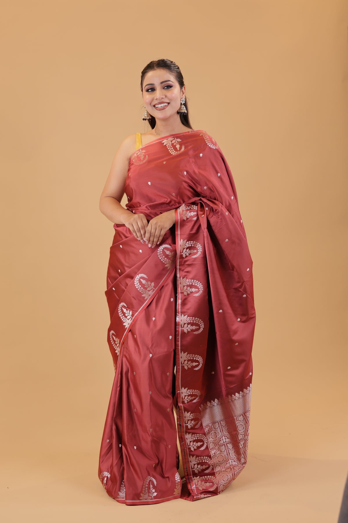 Rust Silk Zari Booti Saree