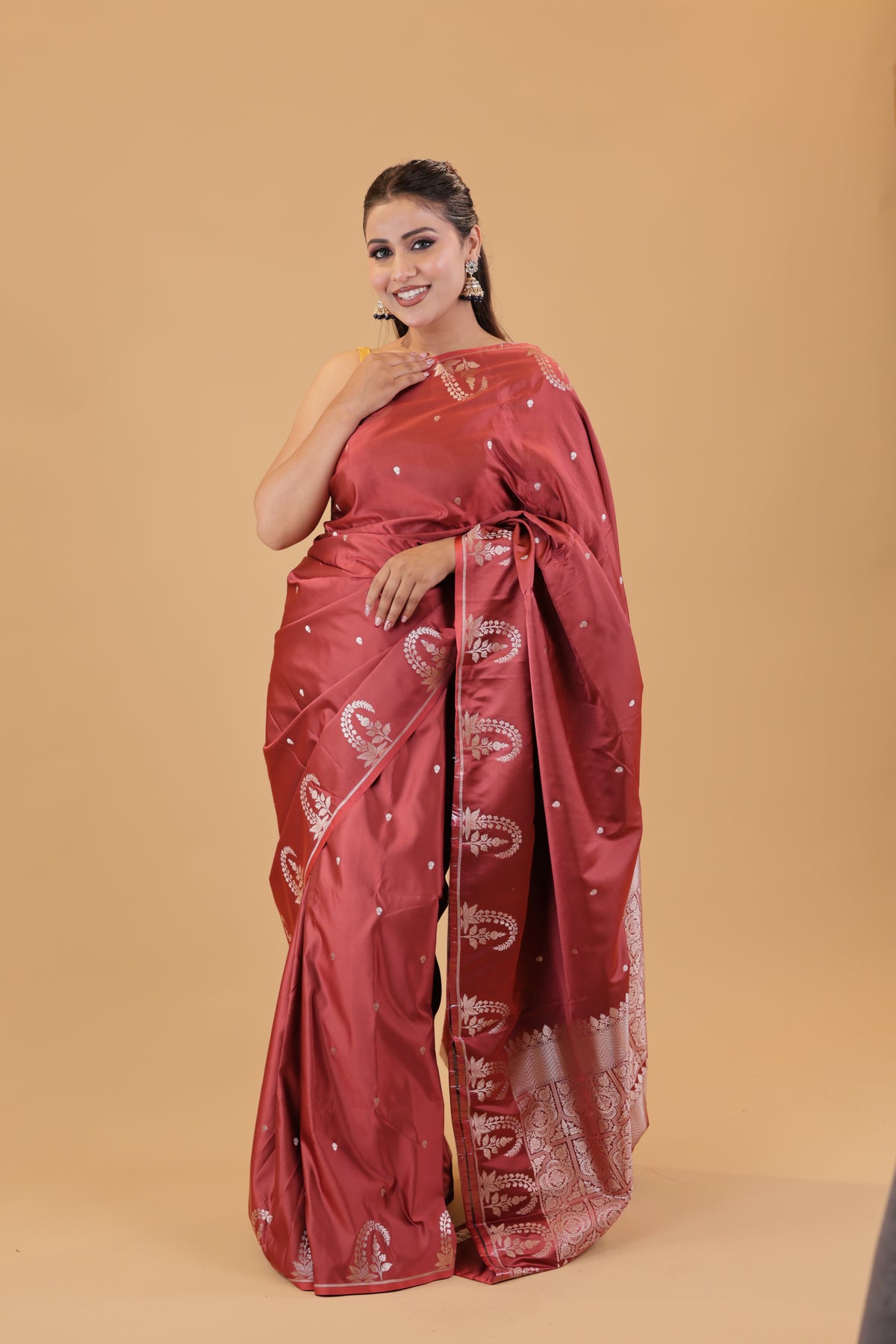 Rust Silk Zari Booti Saree