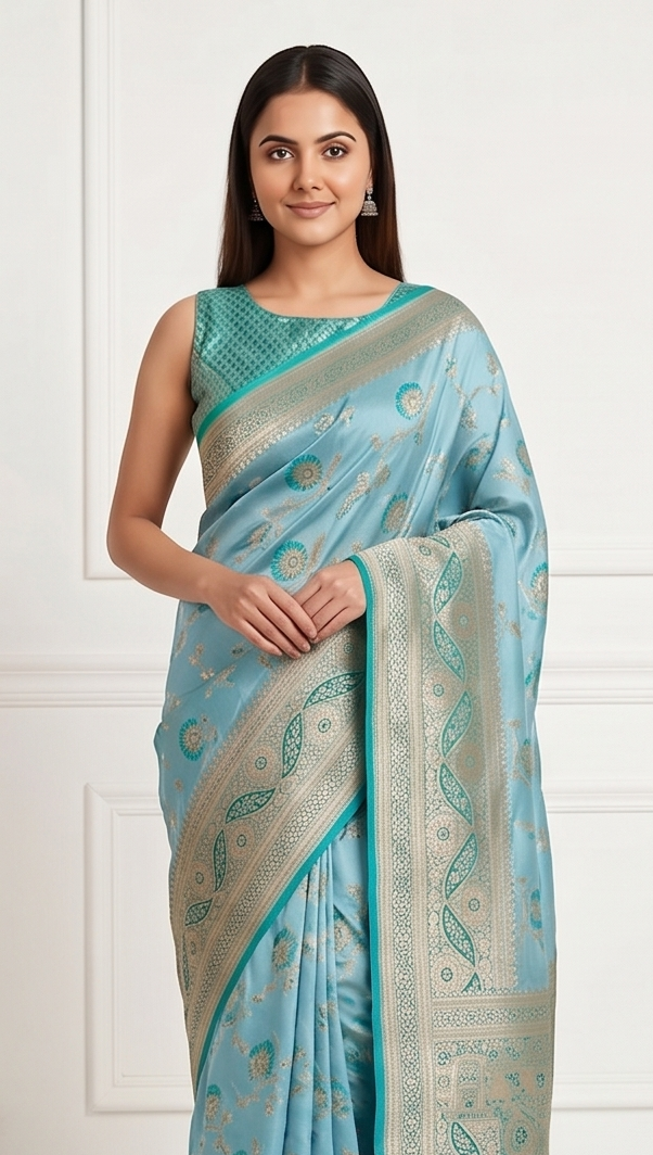 Ferozi Floral Jaal Silk Saree