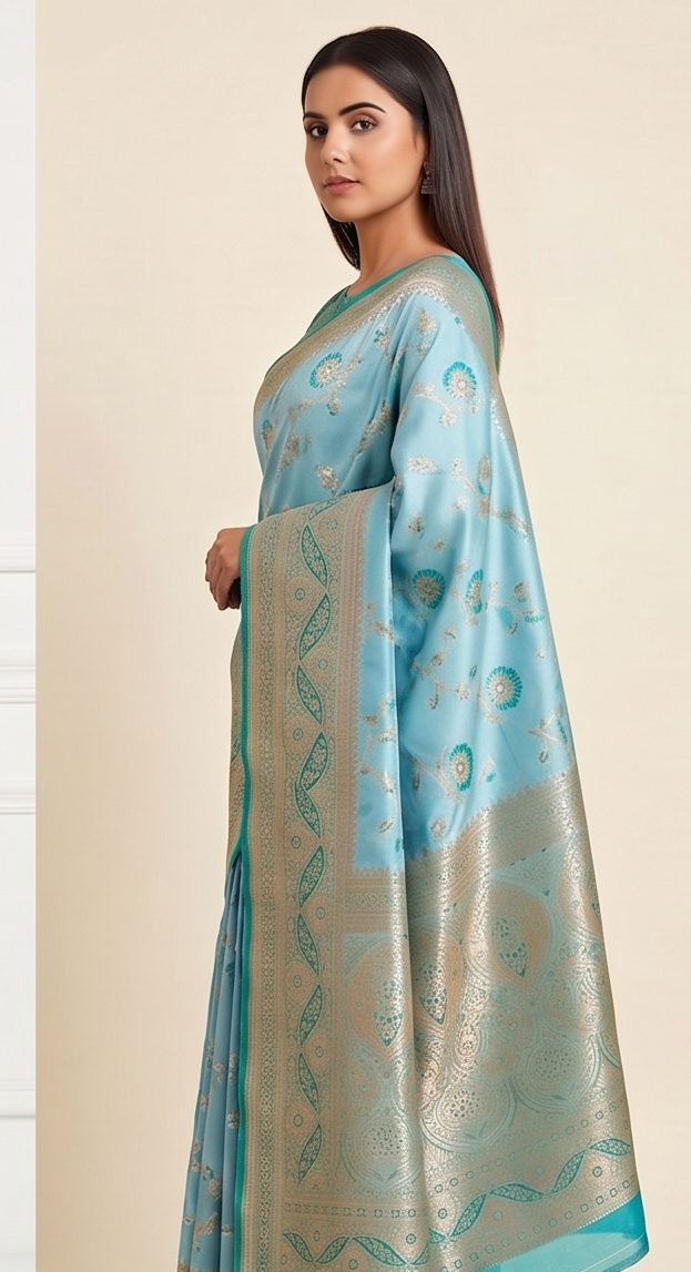 Ferozi Floral Jaal Silk Saree