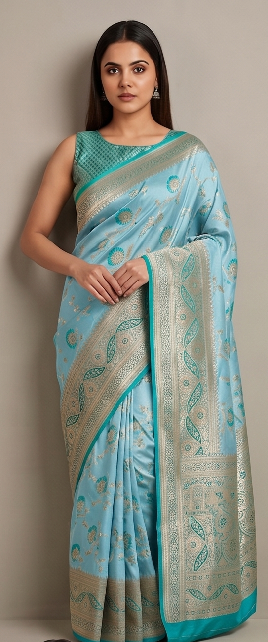 Ferozi Floral Jaal Silk Saree