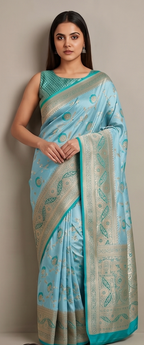Ferozi Floral Jaal Silk Saree