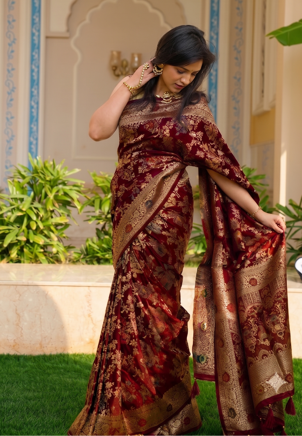 Wine Banarasi Silk Birds Jaal