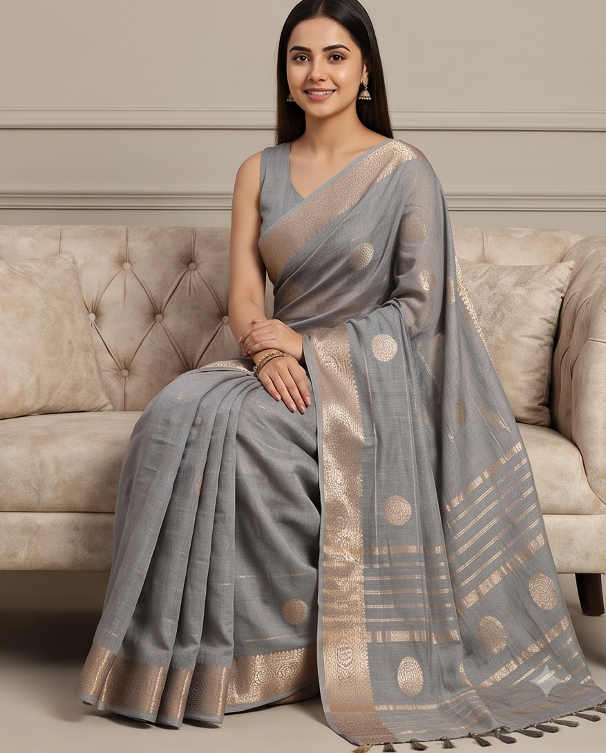 Grey Linen Booti Zari Saree